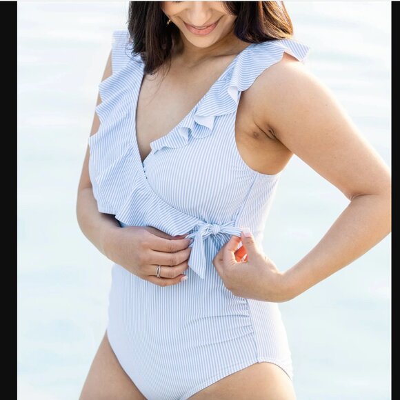 Ruffle Wrap Maternity & Nursing One Piece Swimsuit in Coastal Stripe Size S - Picture 1 of 6